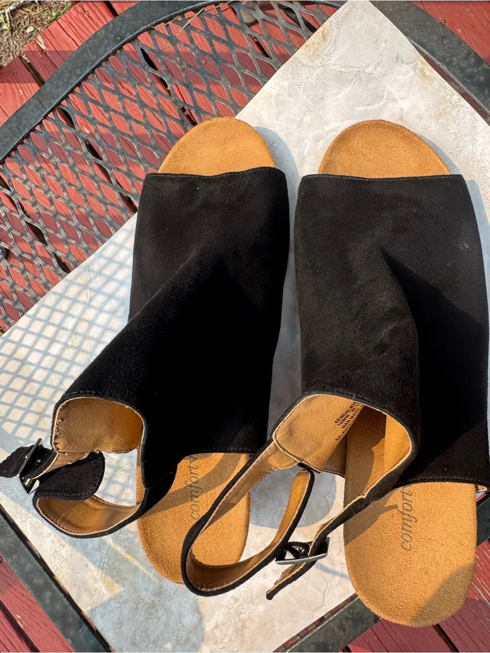 Black Swede  Comfortview , Open-Toe Wedge Sandals with Floral Heel, Size 10 WW.